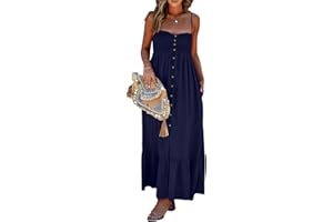 Dokotoo Womens Summer Dresses 2024 Sleeveless Spaghetti Strap Button Down Smocked Beach Long Maxi Dress with Pockets