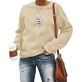 AIIWEIS Halloween Ghost Coffee Sweatshirt Women Embroidered Spooky Long Sleeve Shirt Crewneck Halloween Pullover Top