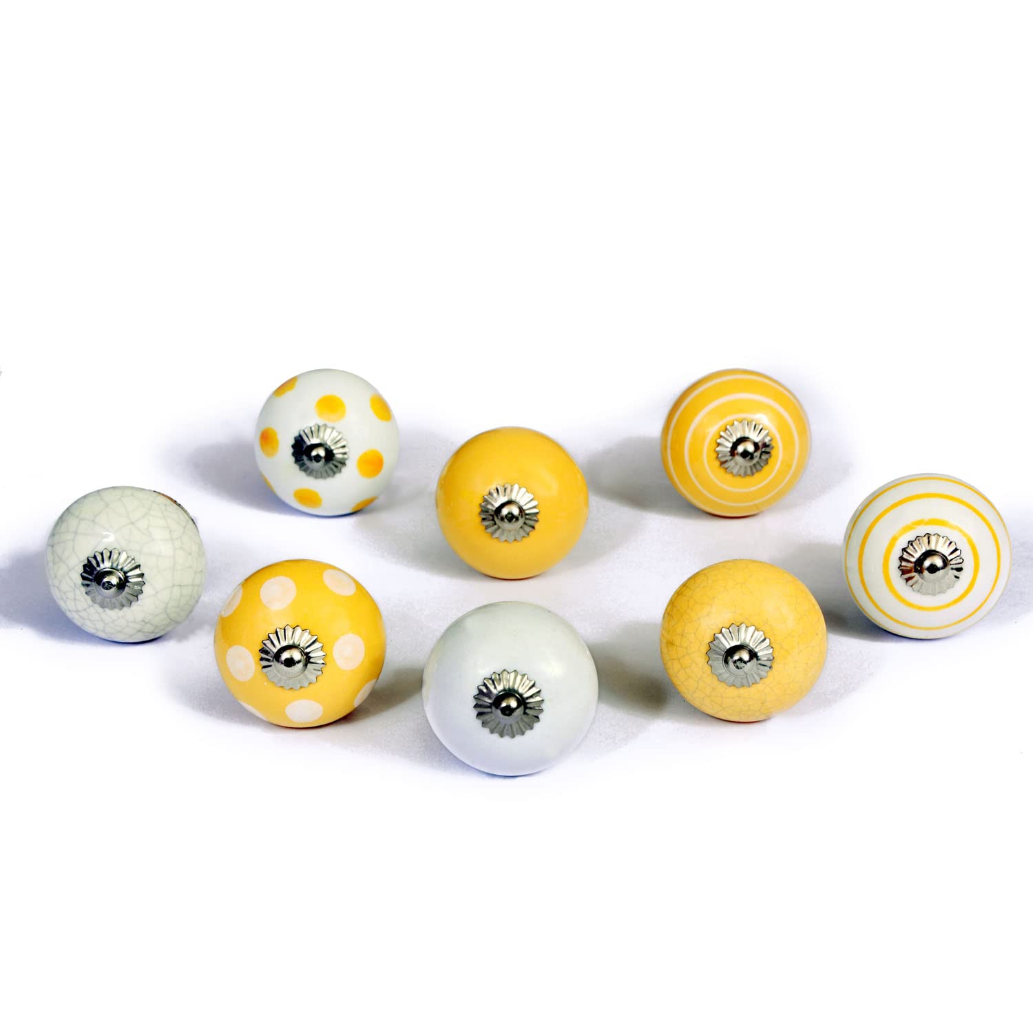 Nacnic Set of 8 Ceramic knobs in White and Yellow, Hand Painted with Different Designs. Handcrafted Handles for cabinets, Drawers, Dressers and Hangers. Classic knobs of 40mm Diameter.