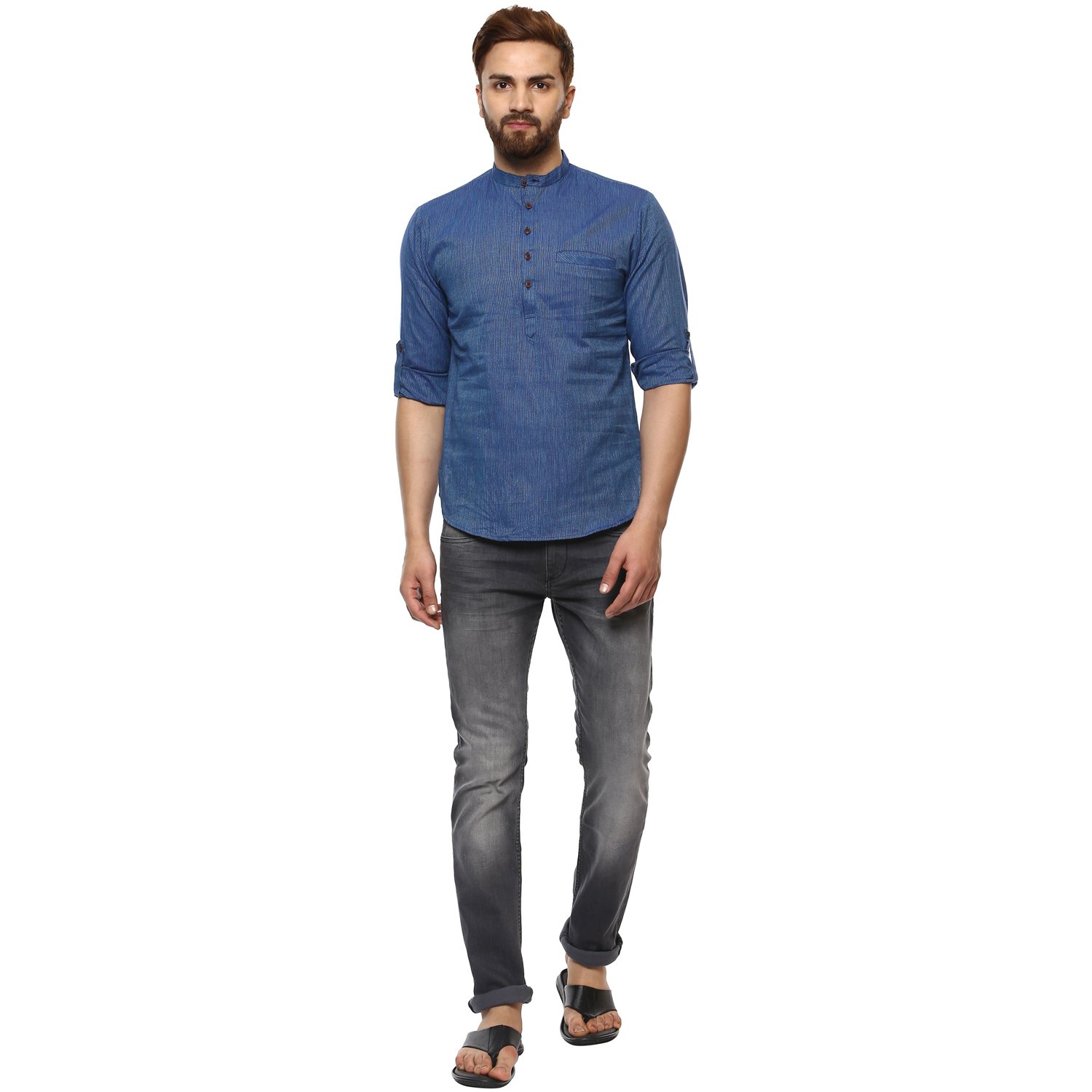 baali men's cotton stripes printed dark blue colour roll-up short kurta