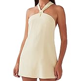 Women Y2K Halter Mini Dress Boho Sleeveless Cross Tie Up Backless Short Dress Aesthetic Printed Vacation Sundress