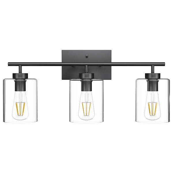 AIPSUN 3 LIGHTS BLACK VANITY LIGHT FIXTURES OVER MIRROR WITH CLEAR GLASS SHADES INDUSTRIAL WALL LIGHT FIXTURE FOR BATHROOM(EXCLUDE BULB)