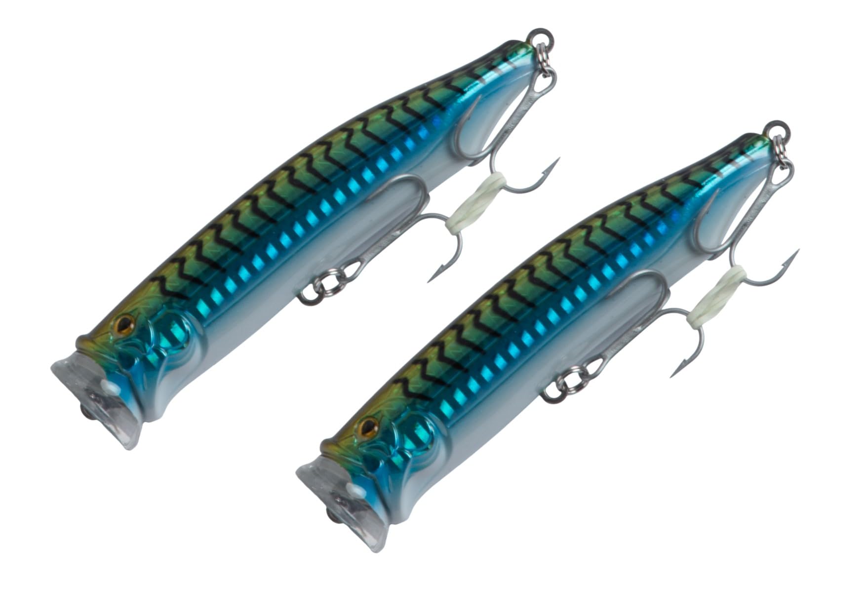 FISHZONE - 2 x KONICHI ABUKI Acoustic Surface Popper Hard Lures - 10cm / 20g - Concave Face Specalist Bass Float - Two Marine Treble Hooks (3 Colours) For Predatory Fishing (Classic Mackerel)