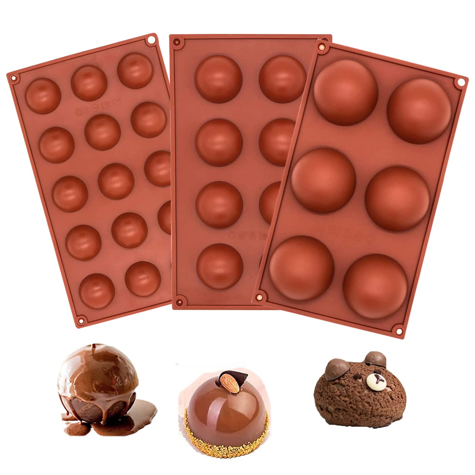 Easter Chocolate3Pcs Semi Sphere Chocolate Moulds, Sphere Silicone Mould, Chocolate Ball Mould, Chocolate Mould for Making Hot Chocolate Bombs, Cake Decoration, Jelly, Pudding (6,8,15 Holes)
