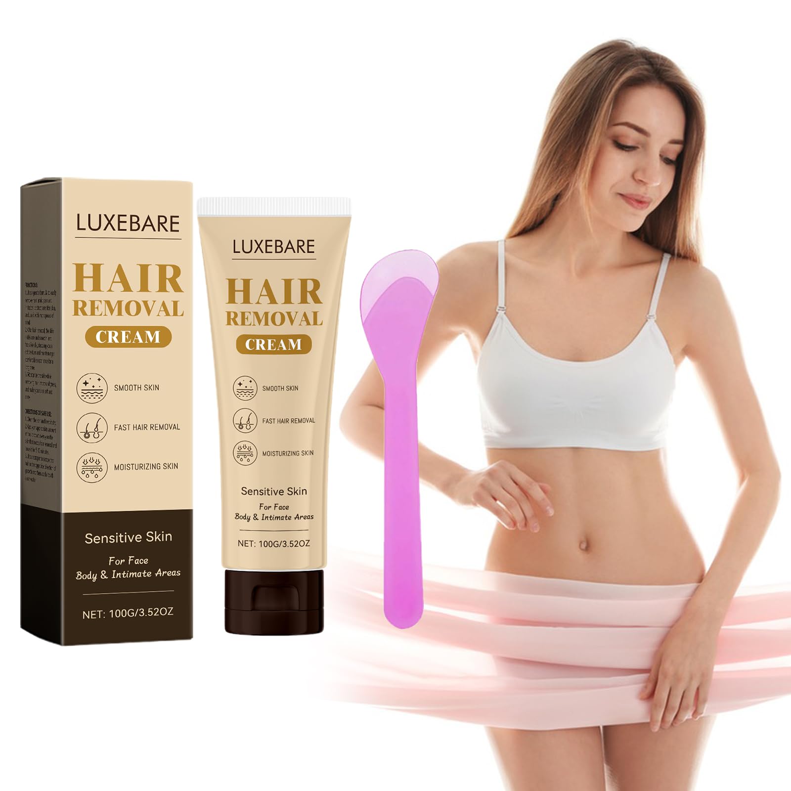 Photo 1 of LUXEBARE Hair Removal Cream, Sensitive Skin Hair Remover Cream for Face, Body & Bikini Area, Fragrance Free Depilatory for Women Men, 100g (1)