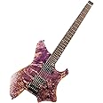 EART Headless Electric Guitar GW2 fixed Bridge for 6 String Travel Guitar, Stainless Steel Frets, Poplar Burl Venner Top, Purple