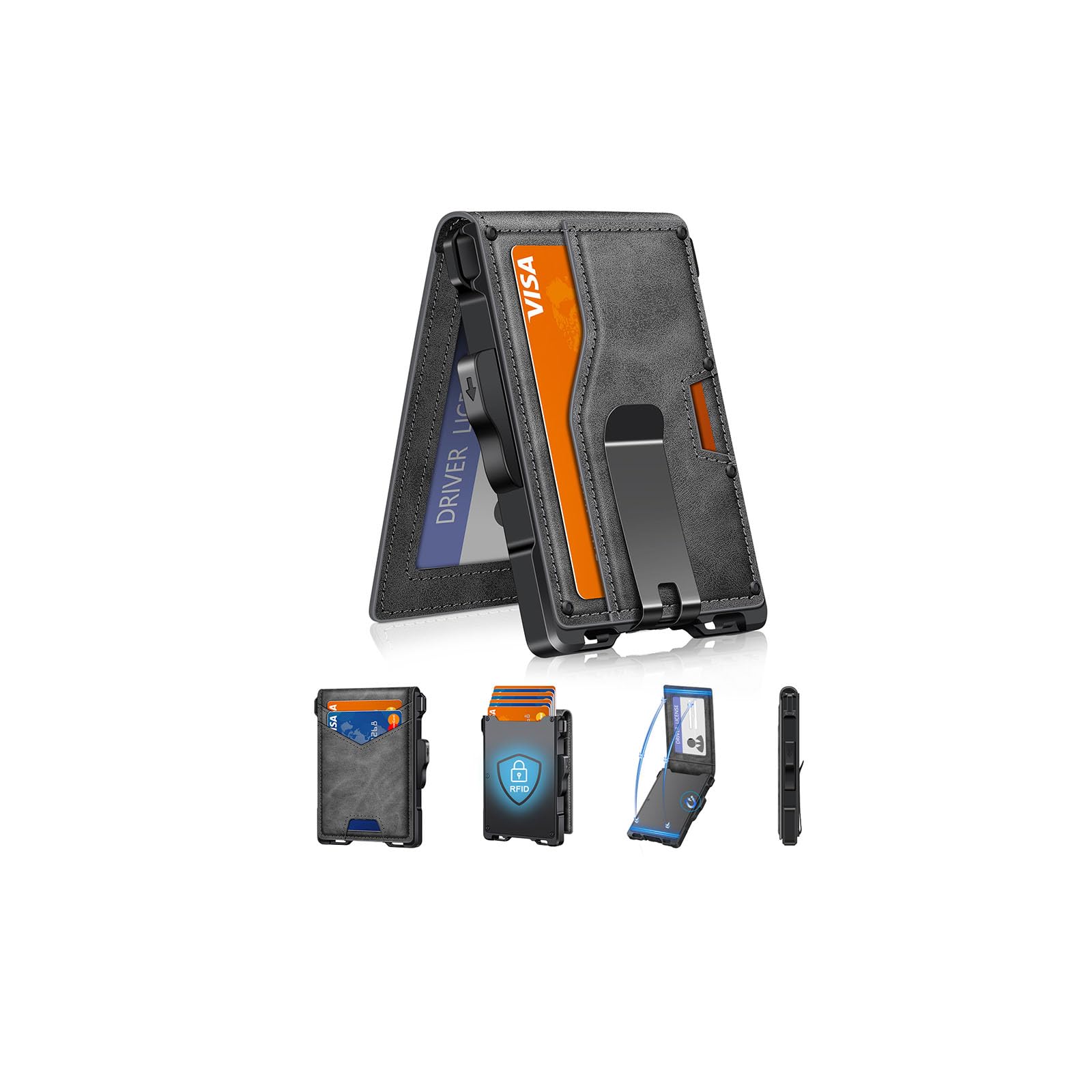 GHUKY Wallet for Men, Minimalist Slim Mens Wallet with Money Clip, RFID Blocking Smart Pop Up Card Wallet with ID Window, Compact Bifold Wallet,Metal Aluminum Credit Card Holder Image