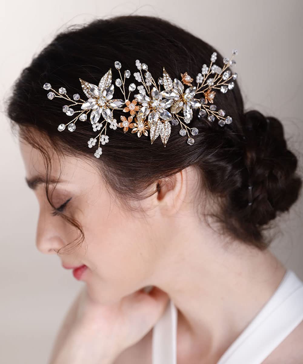 Chargances Wedding Crystal Flower Hair Comb for Women Bridal Pearl Beaded Hair Side Comb Fashion Leaf Flower Hair Vine Comb Rhinesotne Headpieces Bride Wedding Prom Flower Girl Hair Accessories