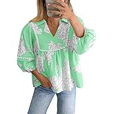 Tankaneo Womens Floral Peplum Babydoll Tops 3/4 Puff Sleeve Pleated Blouse Cute Casual V Neck Loose Fit Flowy Boho Shirts