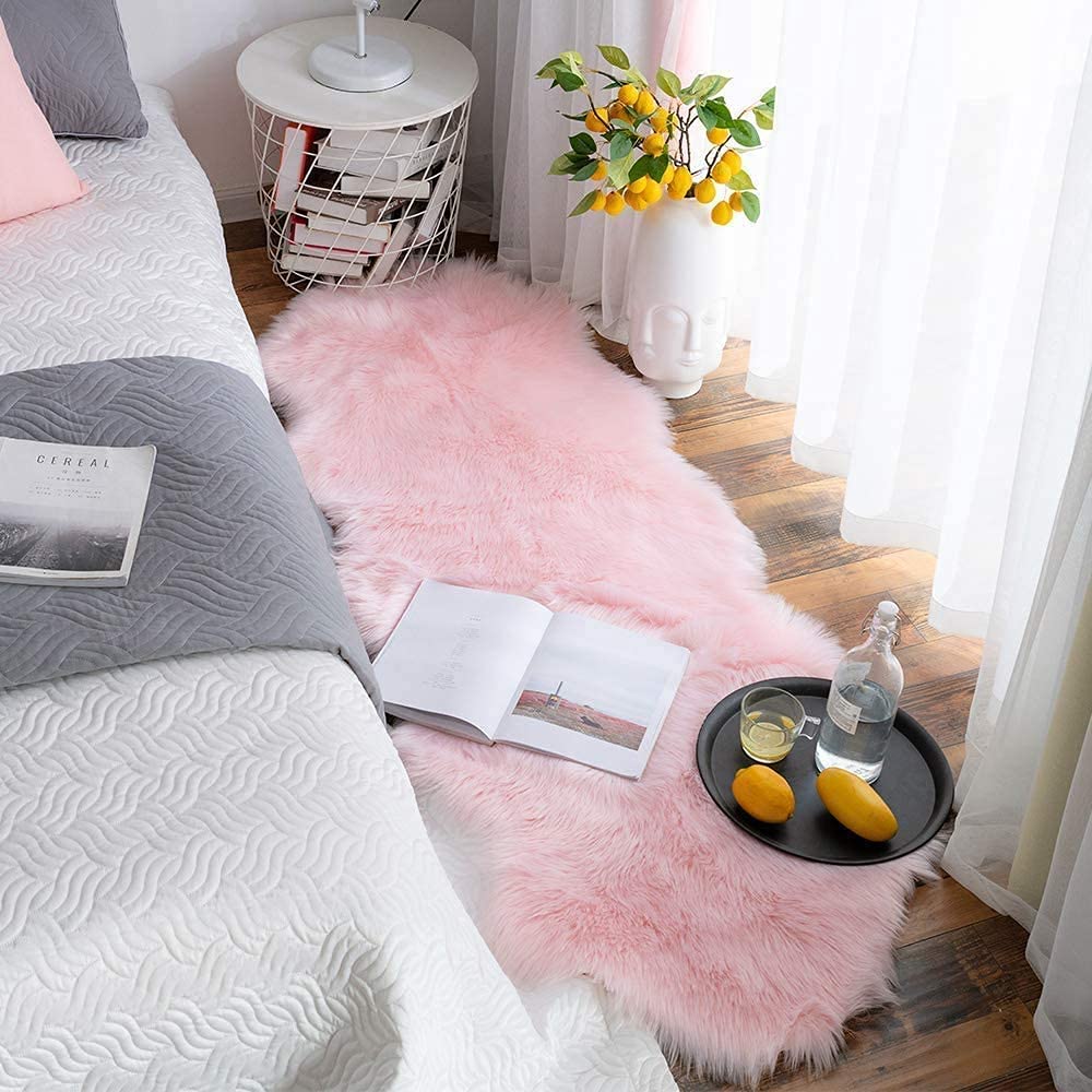 YIHAIC Faux Fur Sheepskin Style Rug,Faux Fleece Fluffy Area Rugs Seat Pad Anti-Skid Yoga Carpet for Living Room Bedroom Sofa Floor (Pink, 60 x 160cm)