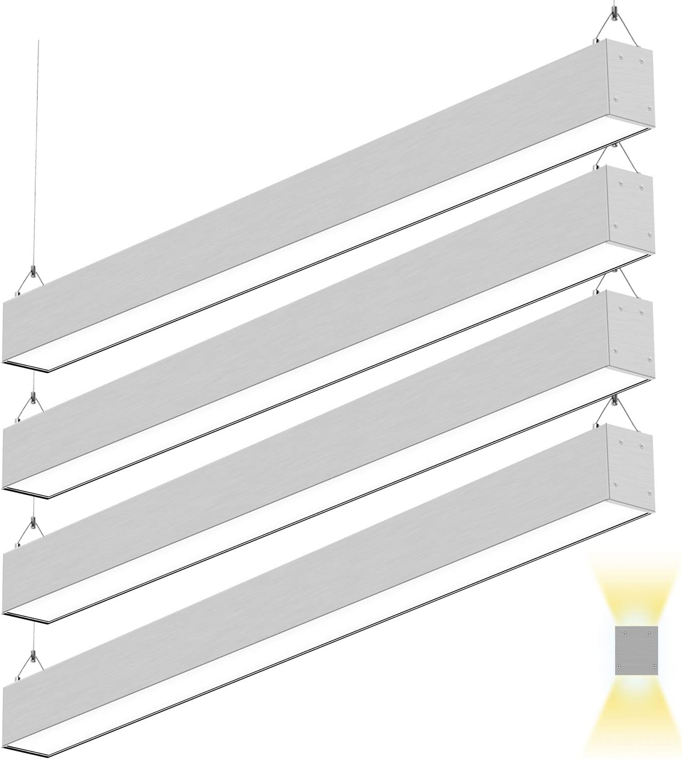 4FT 50W Architectural Direct Indirect LED Suspension Linear Light, 3000K/4000K/5000K CCT Selectable, Silver Finish Dimmable LED Office Lighting Fixture 5500lm for Commercial Space ETL 4pack