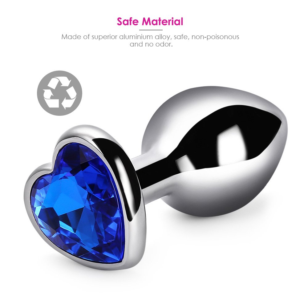Zinc Alloy Anal Plug, Metal Luxury Heart Shaped Decoration Design Butt Anal Plug for Women Men and Couples (Deep Blue, 34mm x 85mm)