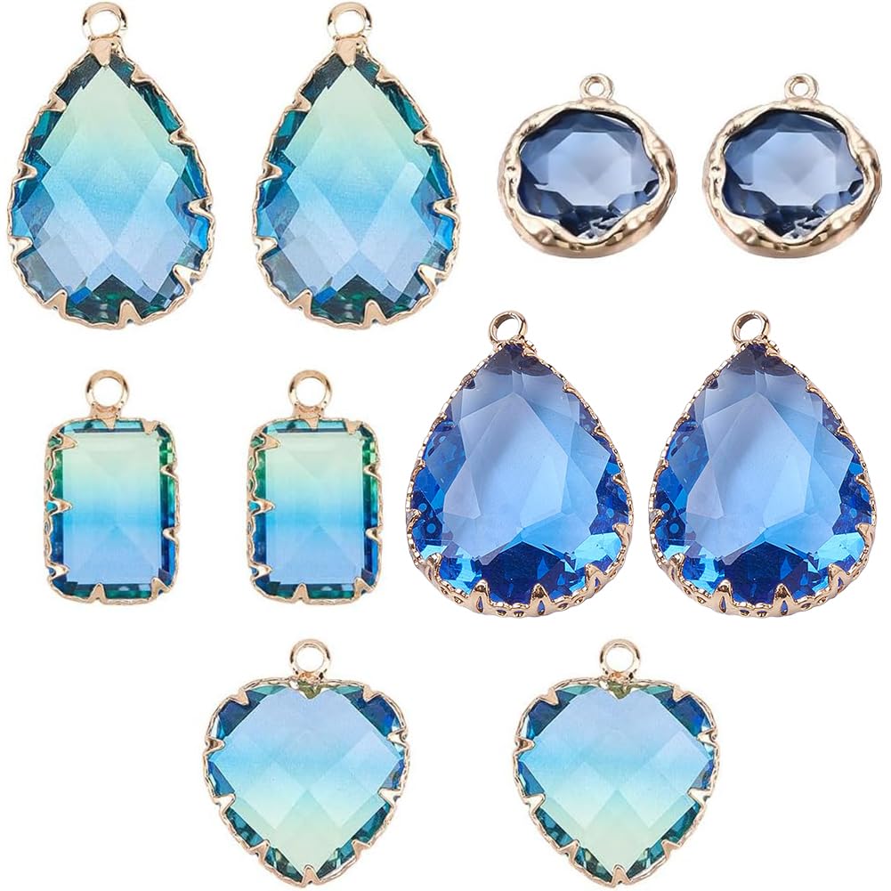SUNNYCLUE 1 BOX 5 Styles Glass Crystal Charms Teardrop Pendants Bulk Faceted Horse Eye Rectangle Heart Stone Transparent Beads Gold Plated for Jewelry Bracelets DIY Making Supplies, Blue