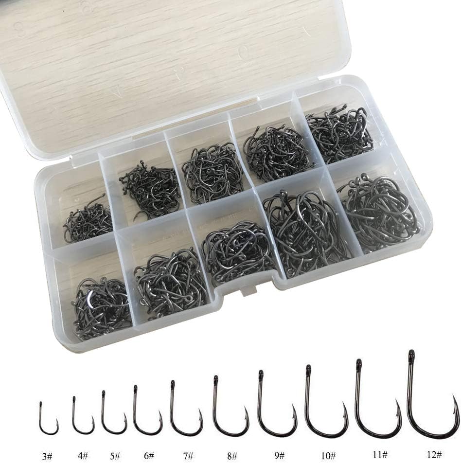 ONESWI 200PCS Premium Fishhooks, 10 Sizes Carbon Steel Fishing Hooks W/Portable Plastic Box, Strong Sharp Fish Hook Barbs Freshwater/Seawater
