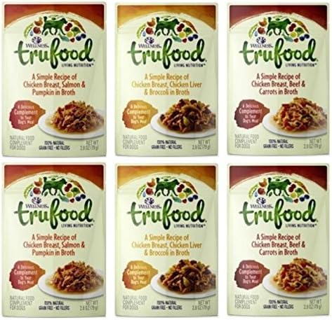 Wellness TruFood Grain Free Natural Dog Food Complement 3 Flavor Variety 6 Pouch Bundle: (2) Chicken Beef Carrots, (2) Chicken Liver Broccoli, and (2) Chicken Salmon Pumpkin, 2.8 Oz. Ea. (6 Pouches)