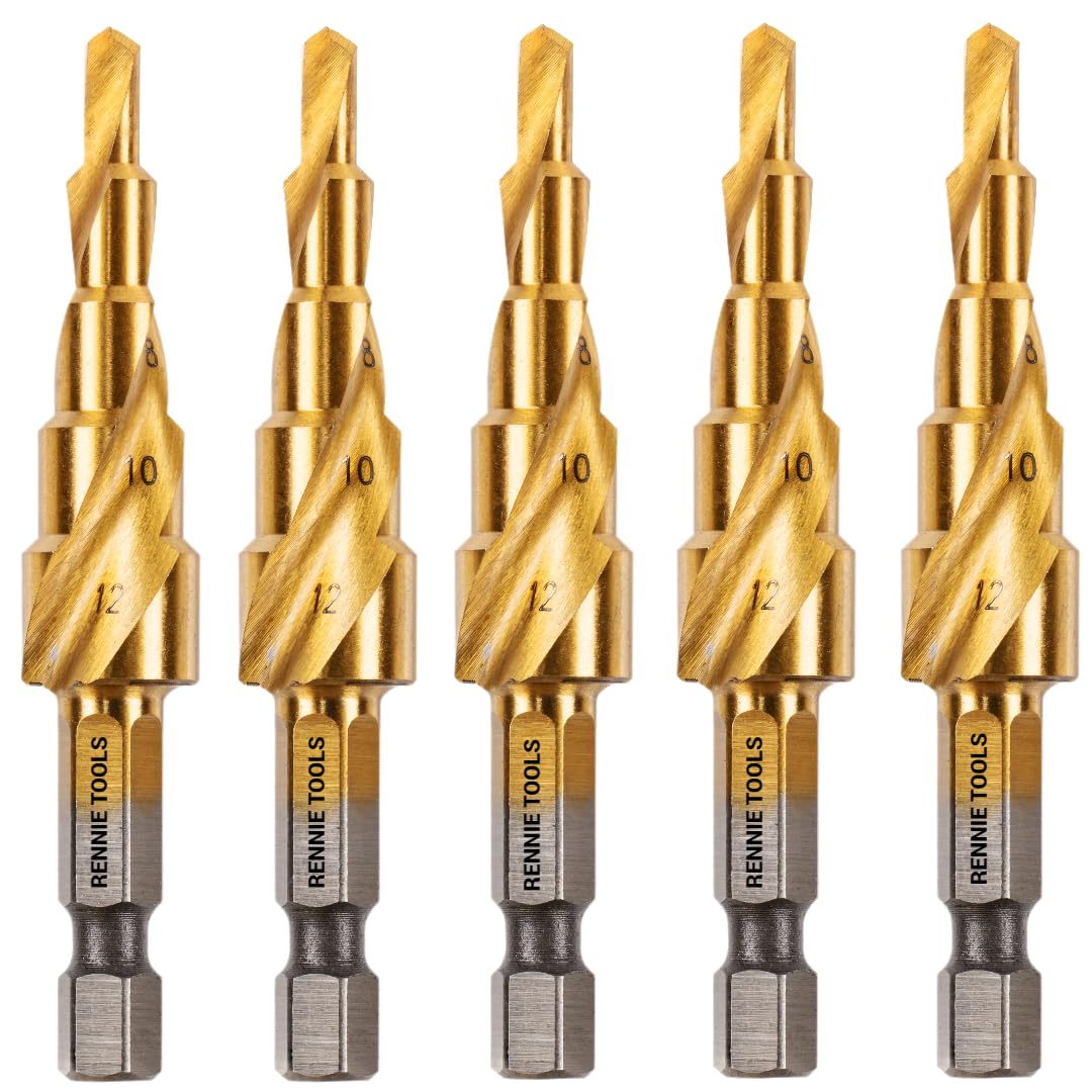 5 Pack - 4mm to 12mm Spiral Flute Step Drill Bits High Speed Steel Titanium Coated, Metric Hex Shank, HSS Tool Set for DIY Plastic Wood Steel Metal Aluminum. Cone Cutter Hole Cutter Drill Bits — image 1