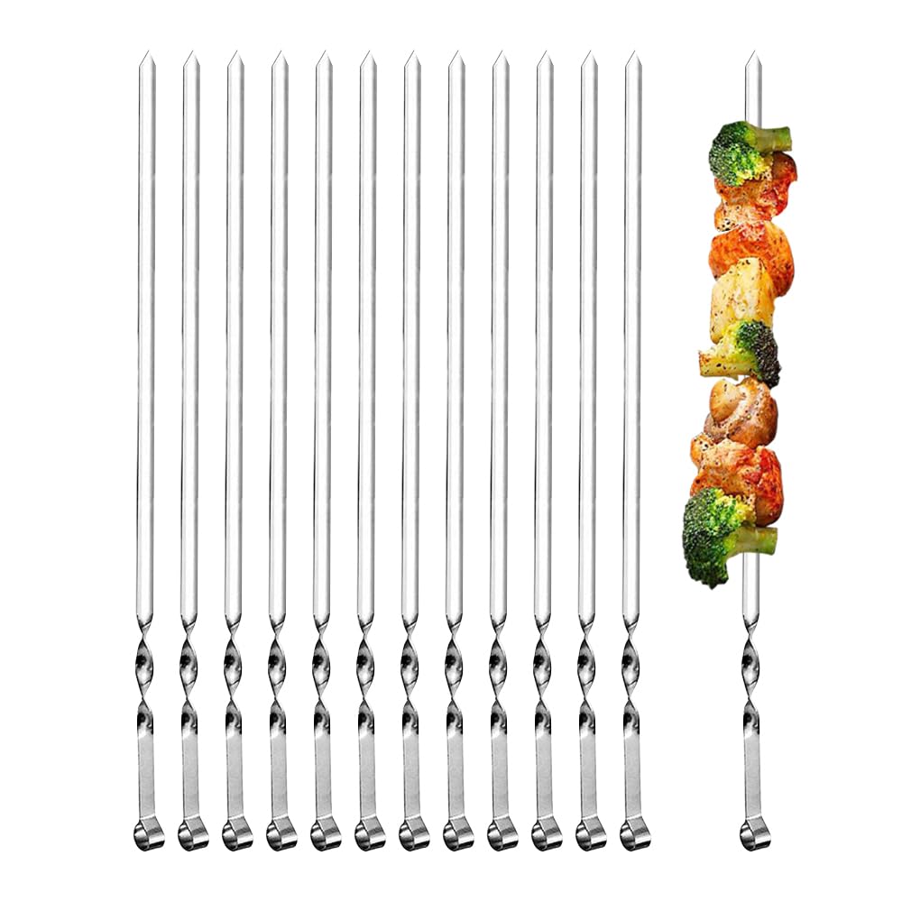 Ram© 1B09W9YRSNQ2 X Kebab Skewers, Set of 12 Stainless Steel BBQ Grilling Skewers Flat Reusable Metal Skewer Sticks for BBQ, Cocktail, Shish Kabob, Party Essentials, 30cm