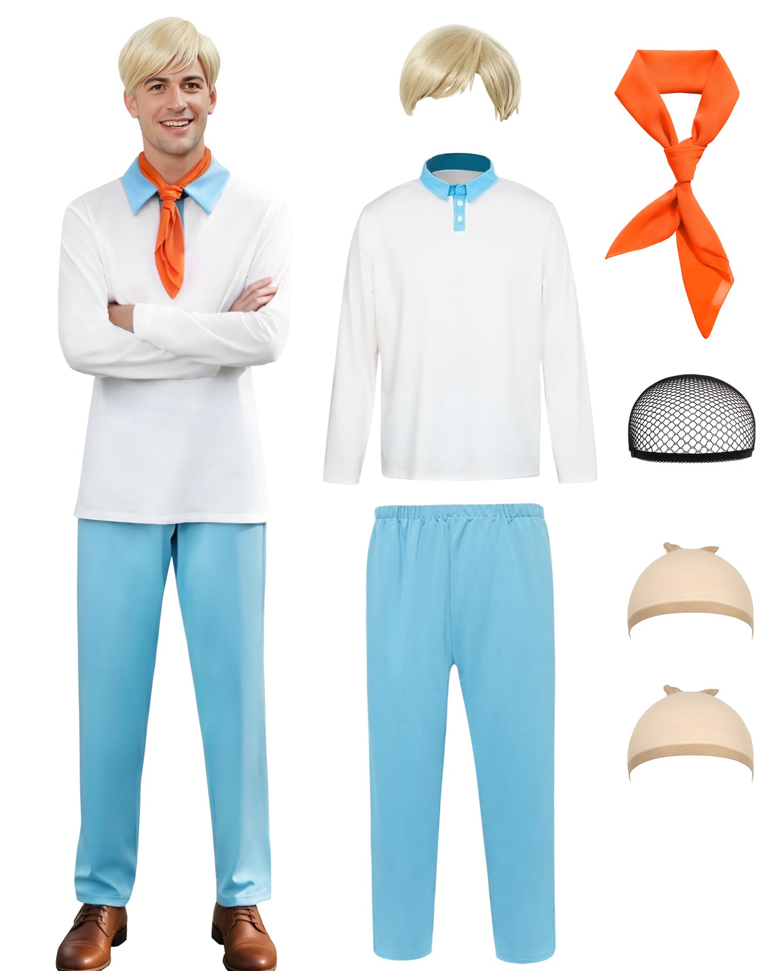 Photo 1 of Halloween Costume for Men Classic White Shirt and Pants with Blonde Wig Orange Scarf Wig Cap Net Outfit Cosplay Fancy Dress Suit XL