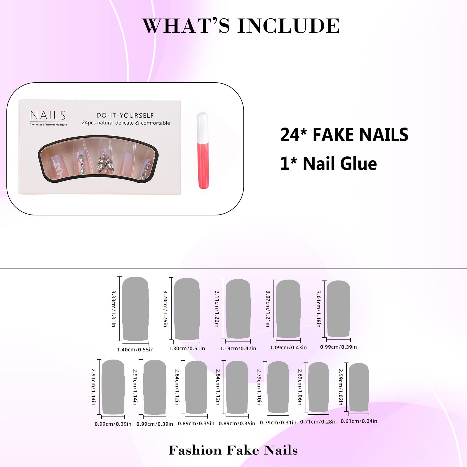 IMRAIN Press on Nails Long Square Fake Nails Purple Gradient Glossy False Nails Full Cover Glue on Nails with Butterfly Rhinestone Designs Artificial Spring Acrylic Squoval Nails Kit Stick on Nails - Image 3