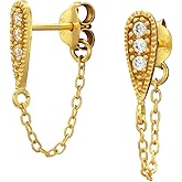 Gold Plated 925 Sterling Silver CZ Crystal Pear Shape Stud Earrings with Dangling Chain, Sold as a Pair