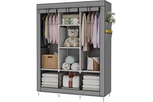 UDEAR Portable Wardrobe Closet Clothes Organizer No-Woven Fabric Cover with 6 Storage Shelves, 2 Hanging Sections and 4 Side Pockets，Grey