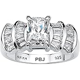 Platinum over Sterling Silver Emerald Cut and Baguette Cubic Zirconia Step Top Engagement Ring