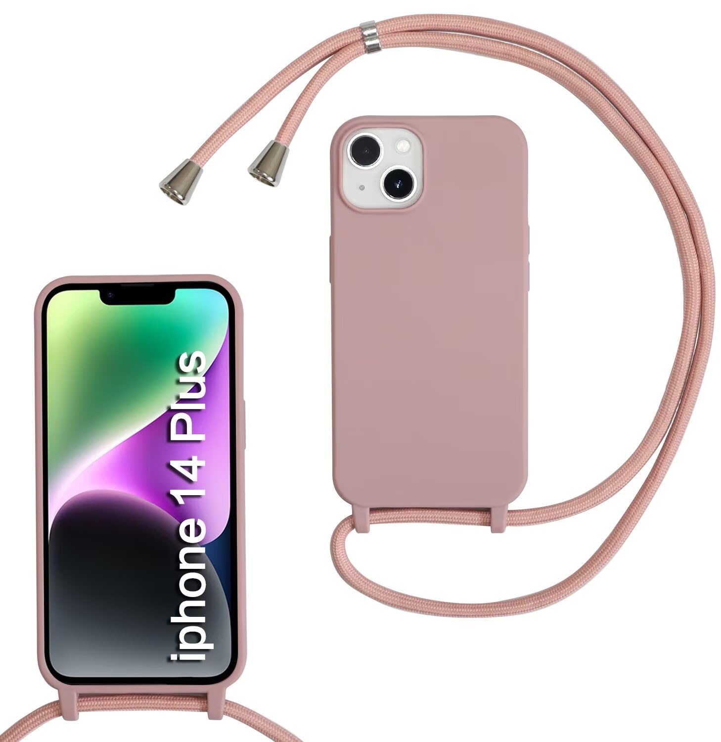 SLWYF Compatible with iPhone 14 Plus Crossbody Lanyard Case, Liquid Silicone Protective Phone Case with Strap Adjustable Neck Cord Necklace Soft Cover for iPhone 14 Plus, Sand pink