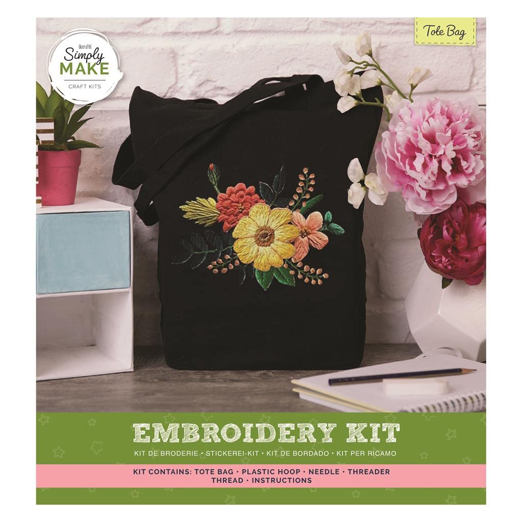 Simply Make Embroidery Tote Bag Craft Kit - Black, Ideal Craft Accessories For Adults And Teenagers, Makes A Perfect Present, Hand Sewing Stitch Craft With Needle And Threads