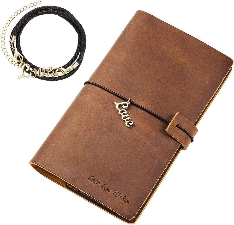 Genuine Leather Refillable Writing Journal Notebook for Men Women Fathers Mothers Day Gifts, 6.93" x 4.13" Unlined Paper 200 Pages + Genuine Leather Bracelet
