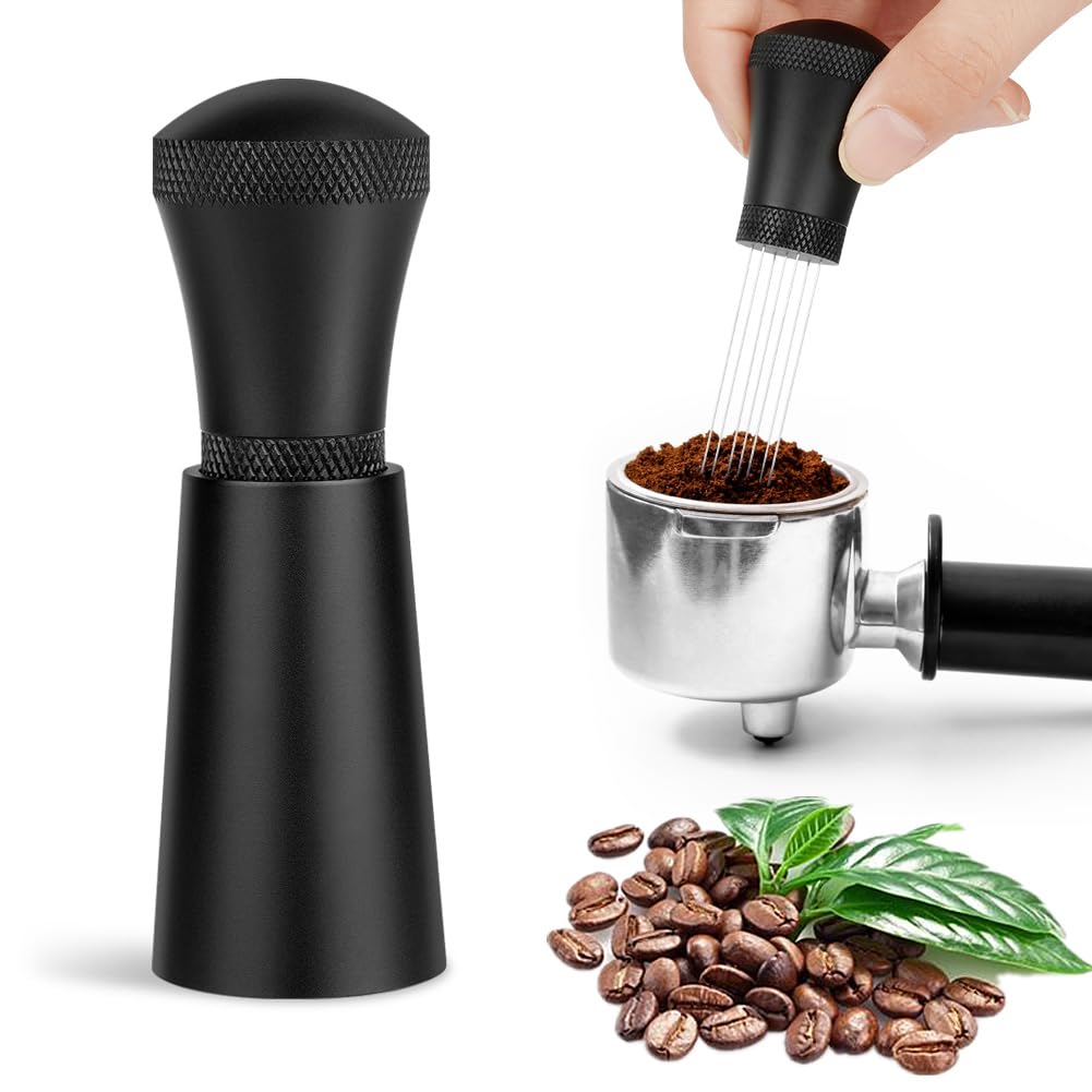 HOTUT WDT Tool, Espresso Distribution Tools with Stand, 0.3mm 7 Needles Espresso Stirrer for Barista, Espresso Coffee Stirrer with Extra 10 Replaceable Needles, 304 Stainless Steel - Matte Black