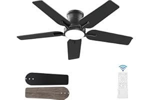POCHFAN 42 Inch Black Ceiling Fans With Lights and Remote, Flush Mount Low Profile Ceiling Fan for Bedroom, Living Room, Patio, Dimmable 6 Speeds Noiseless Reversible