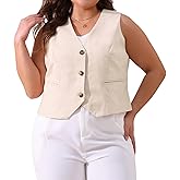 Agnes Orinda Plus Size Linen Vest for Women Lined Button Down Sleeveless Blazer Suit Vest Shirt Crop Top Casual Work