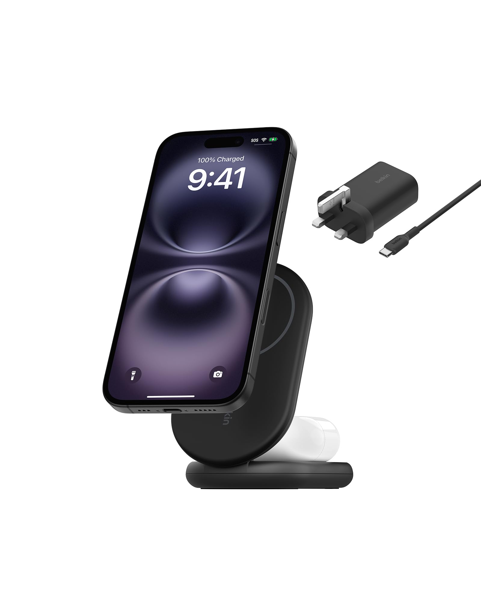 Belkin BoostCharge 2-in-1 Magnetic Foldable Qi2 Charger 15W, MagSafe Compatible Wireless Charger, Fast Charging for iPhone 17, Air, 16, 15, Charging Station with Non-Slip Base, PSU Included - Black