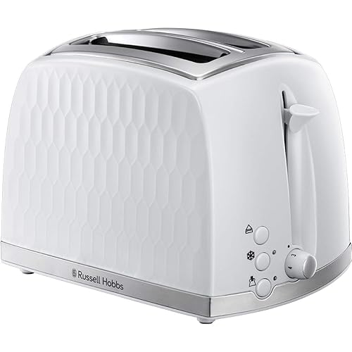 Russell Hobbs Honeycomb 2 Slice Toaster (Extra wide slots, High lift feature, 6 Browning levels, Frozen/Cancel/Reheat function, Removable crumb tray, 850W, White textured high gloss) 26060
