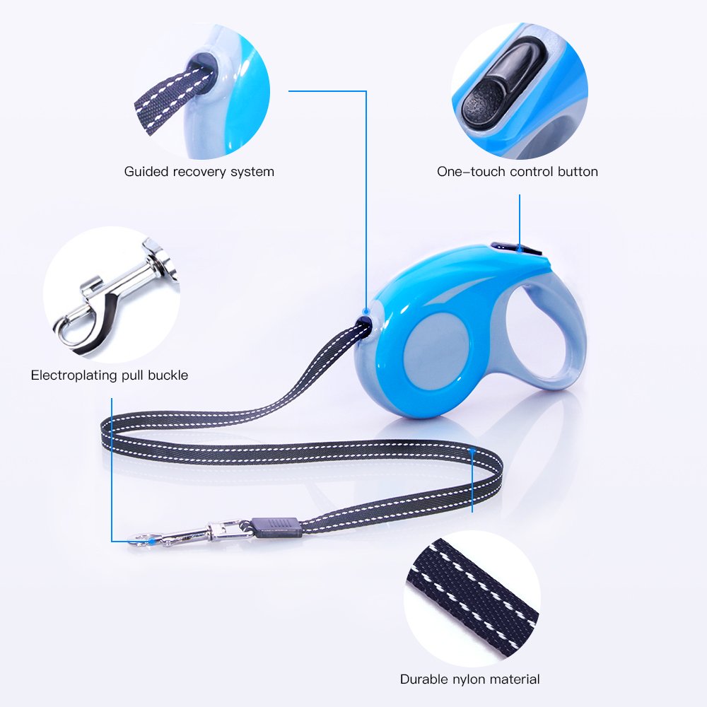 LXZDL Retractable Dog Leash, 16ft Dog Walking Leash for Large Medium Small Dogs up to 110 lbs, Tangle Free, Soft Hand Grip, Reflective Ribbon Cord, One Button Brake & Lock-Blue