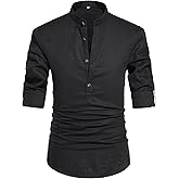 NITAGUT Men Henley Neck Long Sleeve Daily Look Linen Shirts