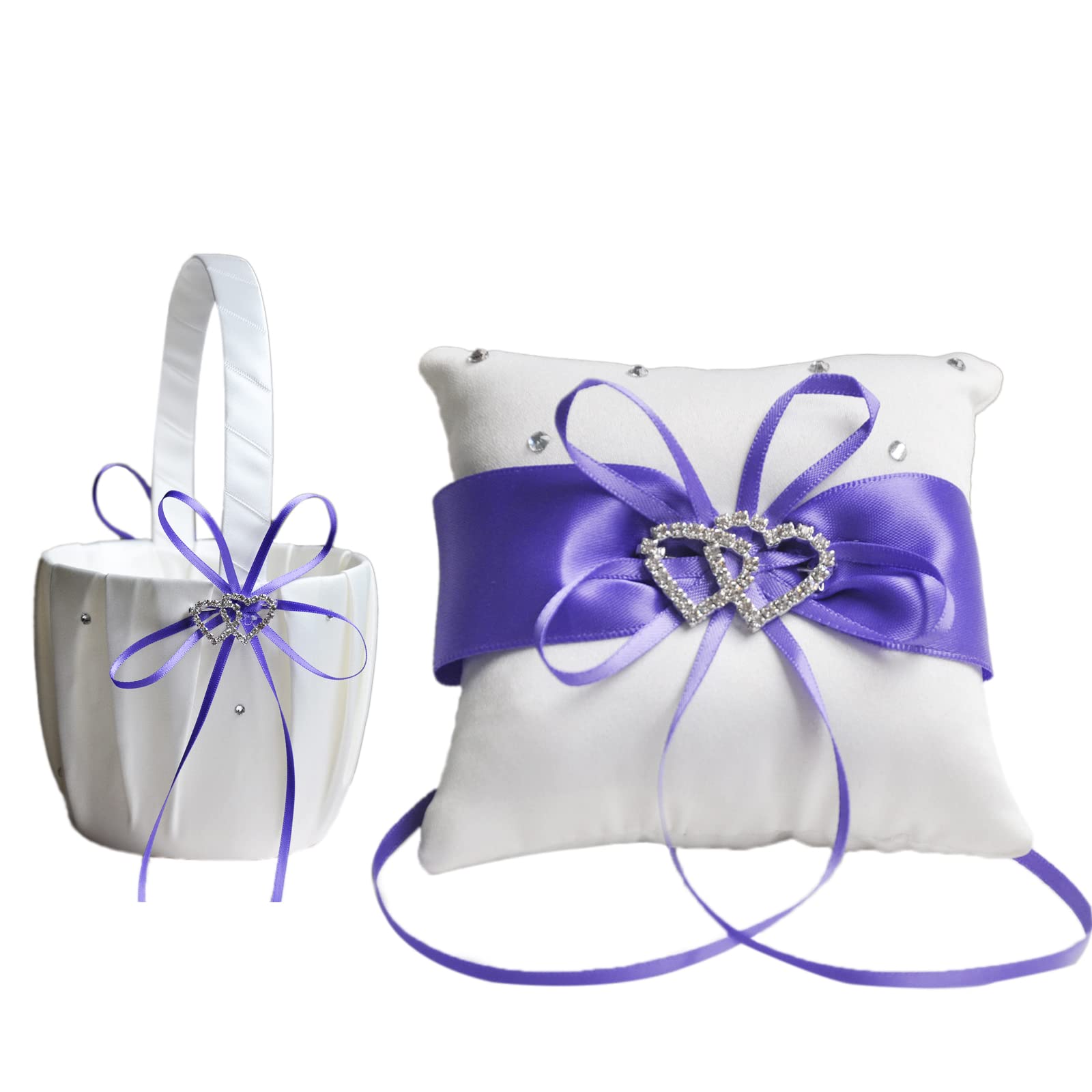 MISNODE 2 Pcs Wedding Ring Pillow Ring Bearer Pillow And Wedding Flower Girl Basket Set, White Satin Candy Gift Bag With Double Heart Rhinestone, Purple
