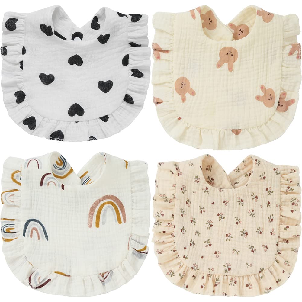 SZJIAHTM 4 Pack Of Newborn Toddler Soft Cotton Teething Bib Feeding Bib Ruffle Edge Adjustable Snap Dribble Infant Bibs For boys Girls