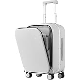 mixi Carry On Luggage, 20'' Suitcase with Front Pocket, Travel Rolling Luggage Aluminum Frame PC Hardside with Spinner Wheels & TSA Lock and Cover - Smoke White