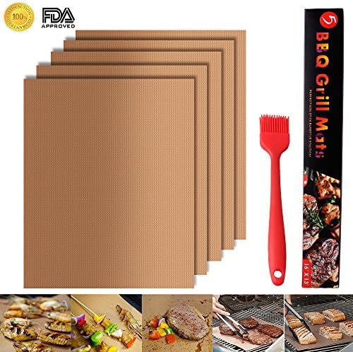 Grill Mat, 100% Non-stick BBQ Grill Baking Mats 5 Sets with Brush, FDA Approved, Reusable and Easy to Clean Barbecue Grilling Accessories Grilling Mat, Works on Gas, Charcoal, Electric Grill(Gold)