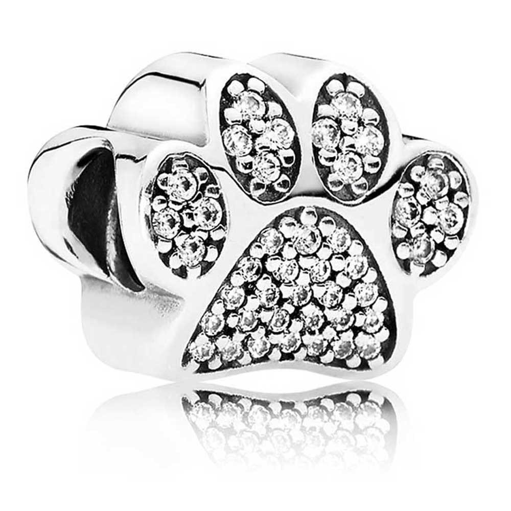Silver Crystal Animal Pet Dog Paw Charm Bead - Charm Bracelet Puppy Pooch Kitten Cat