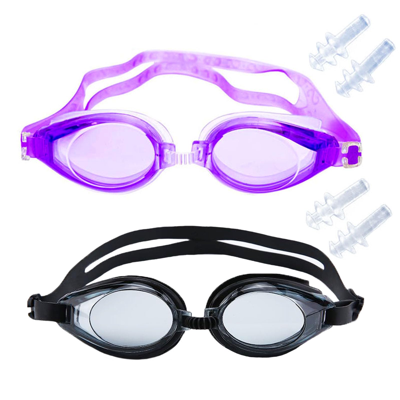 Wowtlmy Kids Swimming Goggles 2 Pack - Silicone Waterproof Goggles for Girls and Boys With Clear Lenses and Adjustable Shoulder Straps(Purple/Black)