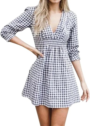 Longra Womens Daily V Neck Half Sleeve Plaid Sexy Casual Beach