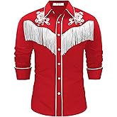 EDFTM Men's Western Cowboy Fringe Shirts Long Sleeve Button Down Embroidered Vintage Casual Hippie Shirts
