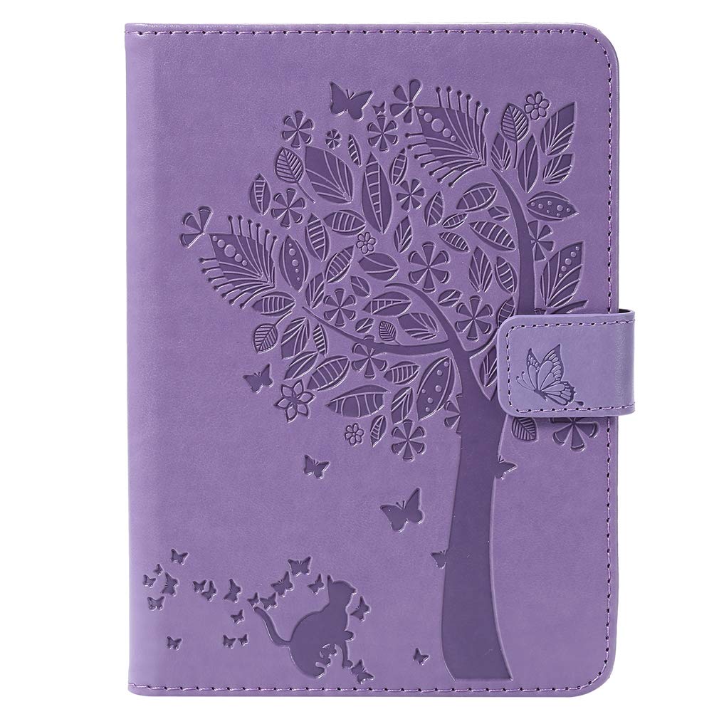 LMFULM® Case for All Kindle Paperwhite (2018/2016/ 2015/2013/ 2012 Models with 6 Inch Display) PU Leather Ultra-Thin Magnetic Leather Cover Embossing Cat and Tree Stand Case Flip Cover Purple