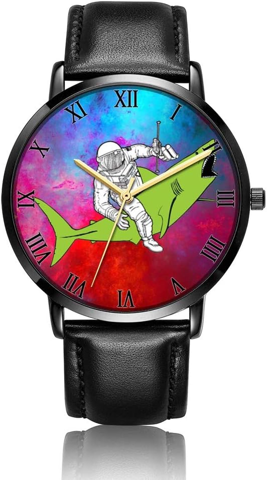 Whiterbunny Customized Astronaut Ride Shark Wrist Watch Unisex Analog Quartz Fashion Black Leather Bracelet Wristwatch for Women and Men