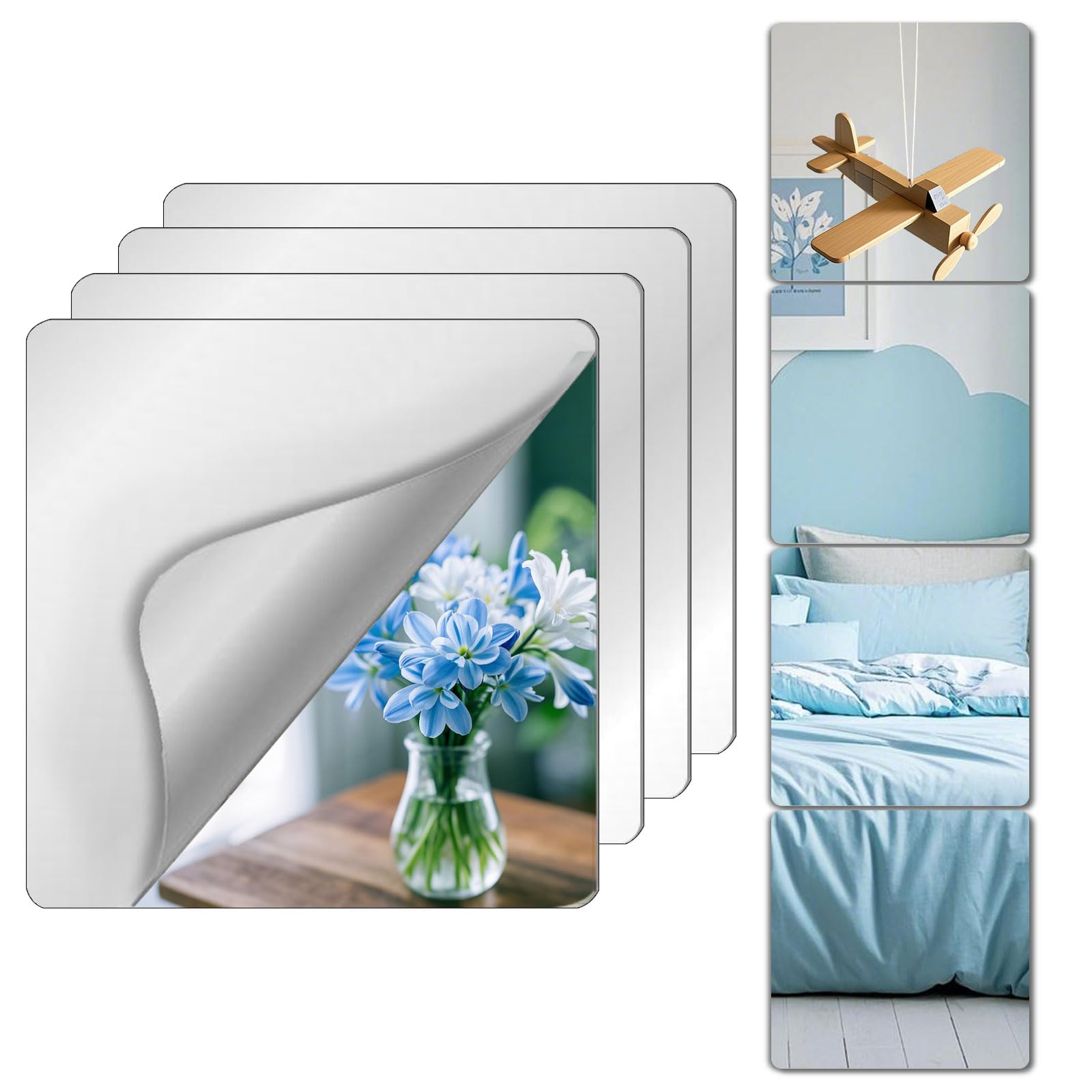 Photo 1 of Unbreakable Mirror Tiles, 4PCS 12”x12” Peel And Stick on Mirror for Wall Mirrors Decorative, Toddlers for Kids Bedroom, Plastic Gym Frameless Door Small Adhesive Mirrors for Classroom Decor Stickers