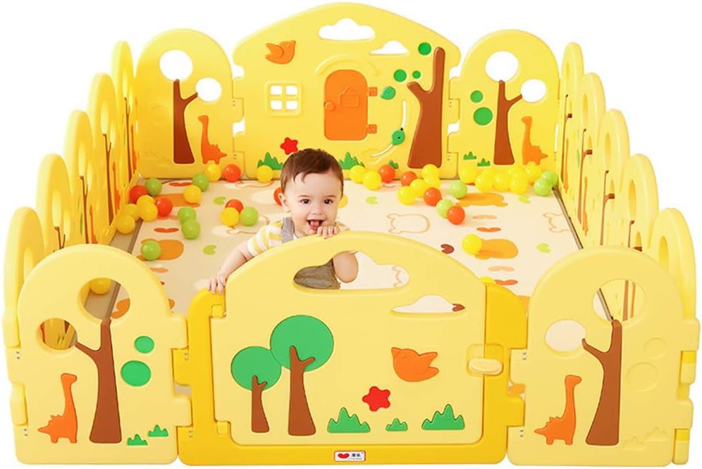 14+2 Panel Baby Playpen, Safety Yard Activity Center, Lockable Door, Non-Slip Rubber Suction Cups, Play Area for Indoor & Outdoor - Small Dinosaur