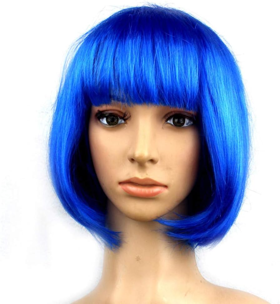 YMOY Color Short Bob wig bangs short straight hair funny Anime Cosplay Wig, Anime Costume Party Wig Fancy Dress for Women Men Boy Girls blue