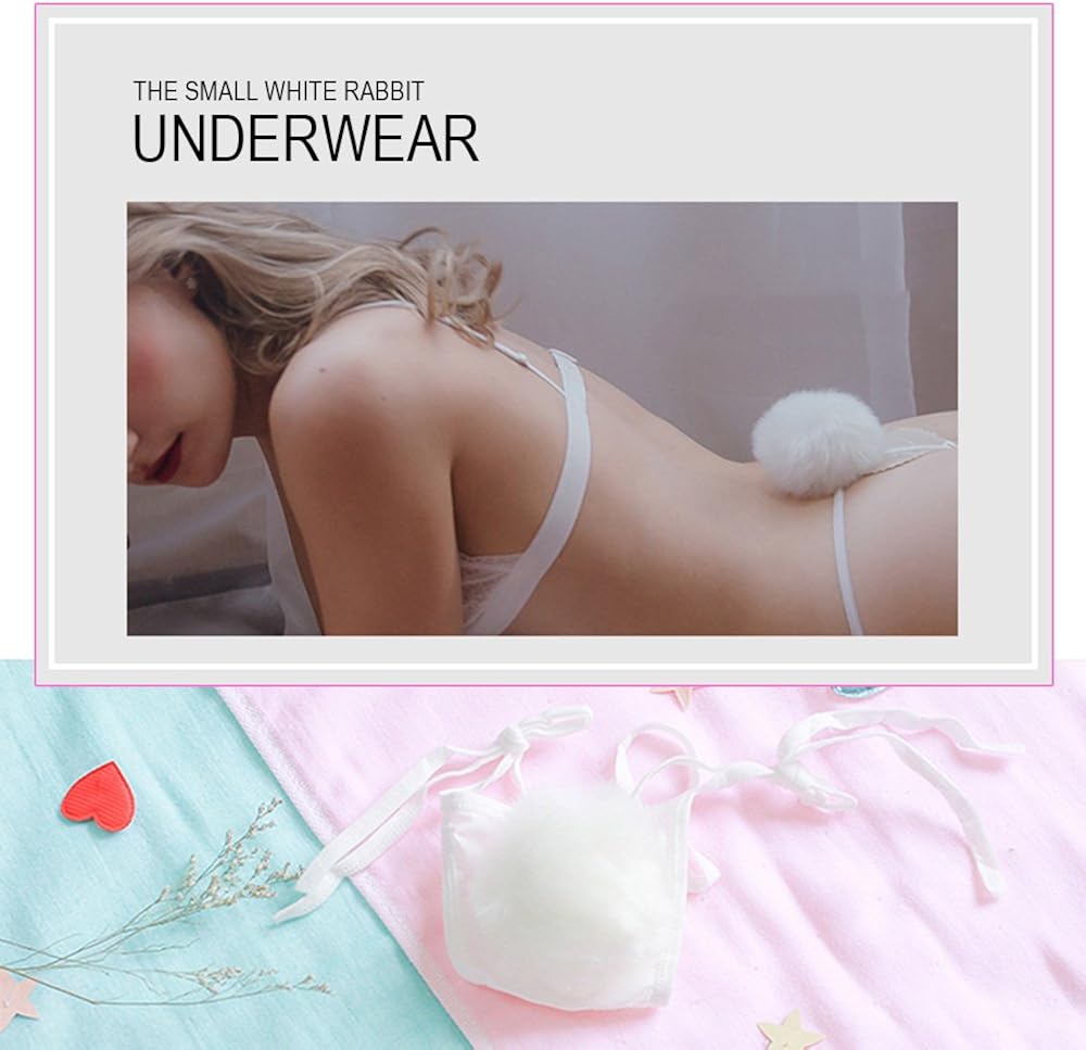 TOMORI Womens Sexy Thong Pantie Cute Rabbit Tail G-String Fur Ball Bikini T-Back Cosplay Underwear (White): Clothing